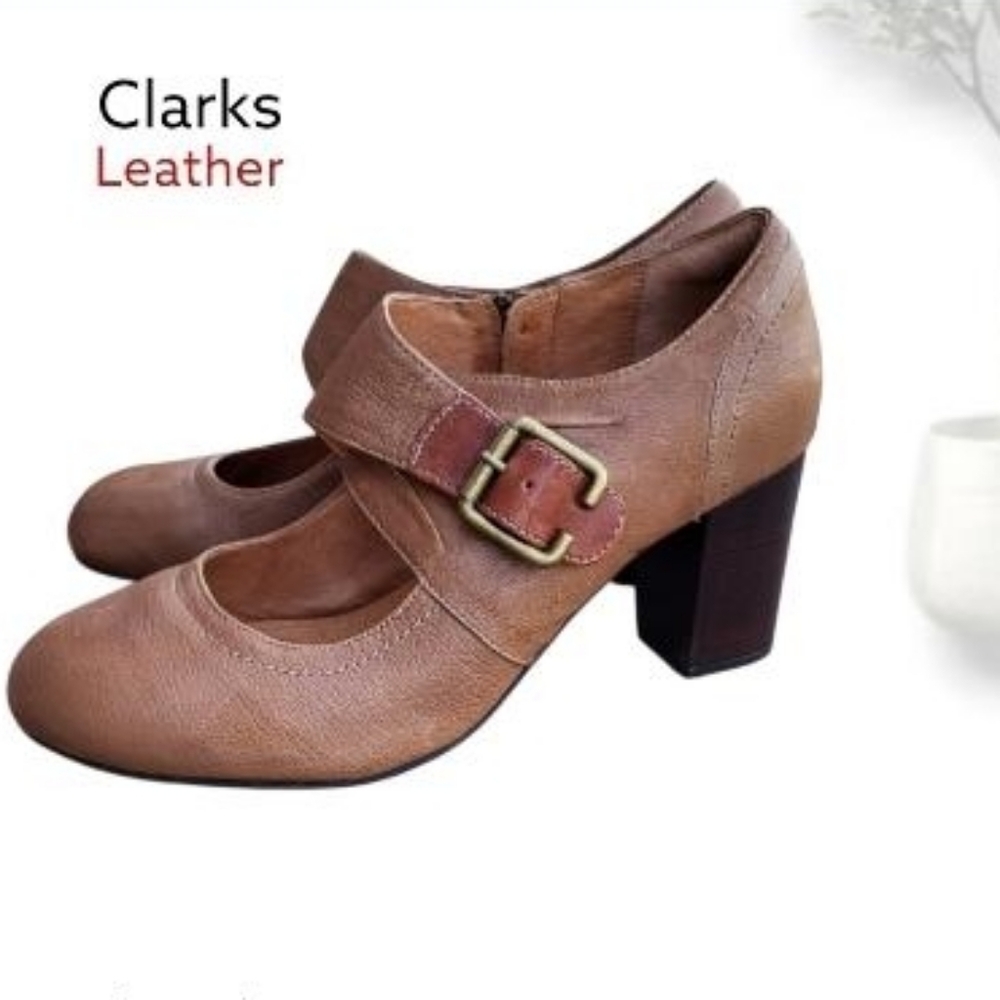 Clarks Leather Town Club Mock Strap Mary Jane High Heel Pump Brown Women 8.5